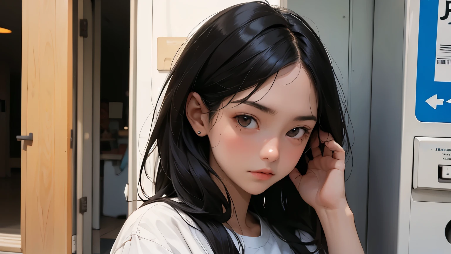 Beautiful girl calling on a public phone. Black hair. Eleven years old. She has a tense expression on her face.