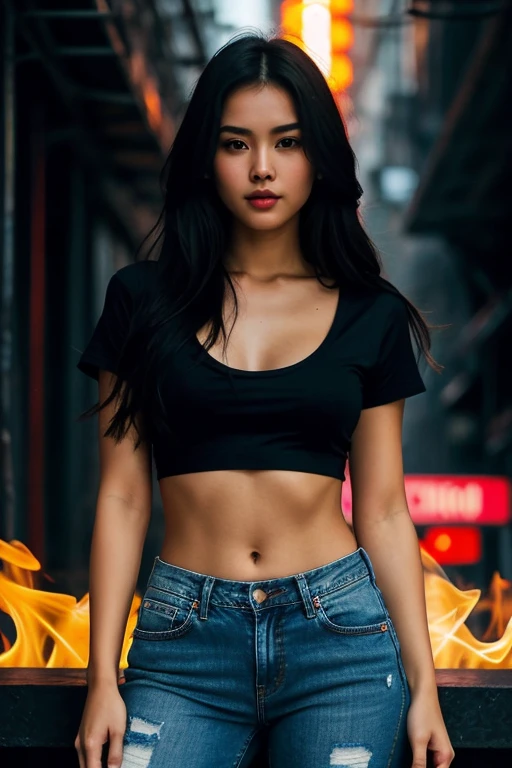 A masterpiece in the making: Picture of a beautiful Thai girl with long, soft, smooth hair. Black Versace t-shirt set Decorated with a unique logo.,Long jeans Stand and take full-screen photos with the nightscape as a backdrop..Close-up of a woman with long shiny hair, Woman made of blue flames, Her body is made of flames., Amazing Digital Art,Flames surround her, Digital art Alena Aemani, Complex overlay of flame images, Smoke effect, fire and smoke, Amazing Digital Art, digital art images, digital art brush,Mono tone, small breasts, Frame her highly detailed face with expressive features.. Ultra-high resolution images capture every line., Texture, and her slender body.beneath you, A dark scene unfolded as rain fell., Create a cyberpunk atmosphere with neon-lit alleys and misty streets.. The light from the neon sign illuminated her figure., Add depth and contrast to dark scenes.