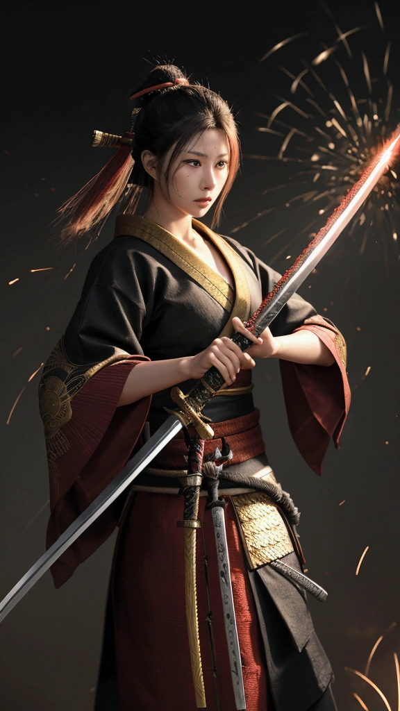 Highest quality、High resolution、Very detailed、Detailed Background、A beautiful 27-year-old woman、Warrior、dragon tattoo on arm、Japanese sword(Masamune Meiji)、(Blade length: 2 feet 4 inches、Handle length: 25 cm、This part is woven with red and black threads....、The swallow is golden)、Japanese sword、Sharp eyes、(enemy'Blood is flowing to my cheeks)(Takeda Shingen)、blonde、short hair、Realistic Face、Swing your sword down、Delicate eyes、Angry expression、Like a fight scene in a live-action movie、More realistic battle scenes、On the cheeks、enemyWarriorの返り血、(Burning castle in the background、Sparks fly、)(Japanese sword(The famous sword Muramasa 2.0)Hold with both hands、Sword Drawing Technique(Japanese sword、Muramasa Sword)、Warrior、