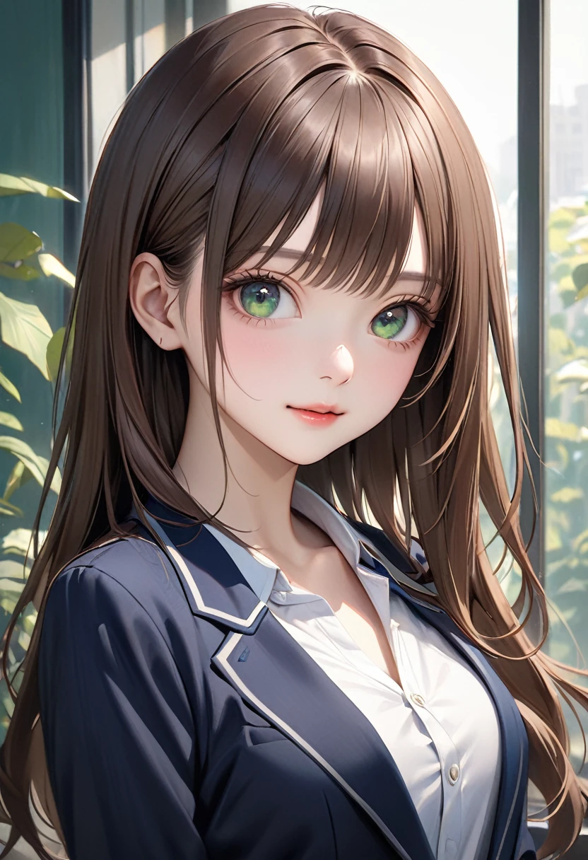 (masterpiece:1.3, Highest quality, Ultra-high resolution, Super detailed), (Realistic, photoRealistic:1.4), Beautiful illustrations, Perfect lighting, colorful, Depth of written boundary,
Beautiful detailed hair, Beautifully detailed face, Beautiful attention to detail, Beautiful clavicle, Beautiful body, Beautiful breasts, Beautiful thighs, Beautiful feet, Beautiful fingers,
View your viewers, Front view:0.6, 1 girl, Japanese, high school girl, Perfect Face, (Perfect Anatomy, Anatomically correct), Cute and symmetrical face, Baby Face, , Glowing Skin,
(Long Hair:1.5, Straight hair:1.6, Rosy brown hair), Asymmetrical bangs, Emerald green eyes, Long eyelashes, (Medium chest), thin,
((Navy Blazer, White collared shirt, nabuto pleated skirt)), Dark red bow tie, Earrings,
(Beautiful views), evening, (garden, distant cityscape), Are standing, Raise the hand, (Smile, Lips parted),