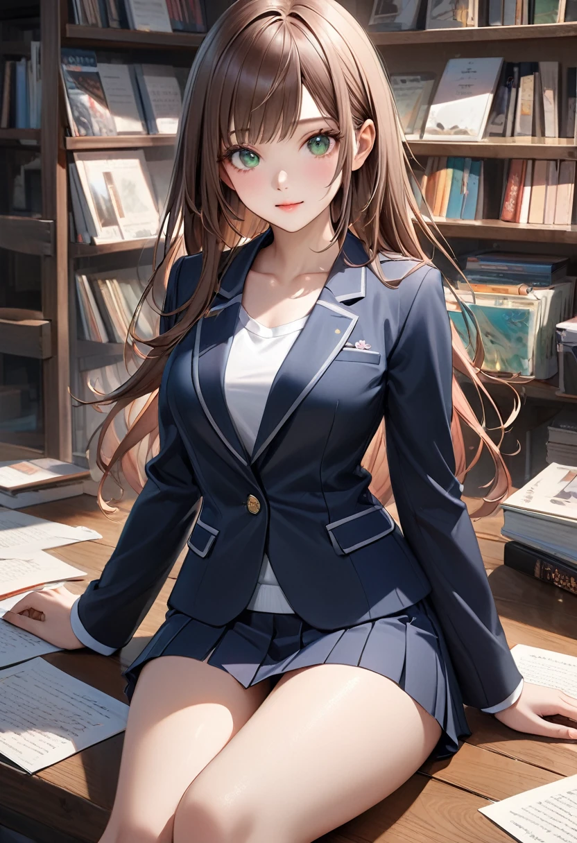 (masterpiece:1.3, Highest quality, Ultra-high resolution, Super detailed), (Realistic, photoRealistic:1.4), Beautiful illustrations, Perfect lighting, colorful, Depth of written boundary, 
Beautiful detailed hair, Beautifully detailed face, Beautiful attention to detail, Beautiful clavicle, Beautiful body, Beautiful breasts, Beautiful thighs, Beautiful feet, Beautiful fingers, 
View your viewers, Front view:0.6, 1 girl, Japanese, high school girl, Perfect Face, (Perfect Anatomy, Anatomically correct), Cute and symmetrical face, Baby Face, , Glowing Skin, 
(Long Hair:1.5, Straight hair:1.6, Rosy brown hair), Asymmetrical bangs, Emerald green eyes, Long eyelashes, (Medium chest), thin, 
((Navy Blazer, White collared shirt, nabuto pleated skirt)), Dark red bow tie, Earrings, 
(Beautiful views), evening, (garden, distant cityscape), Are standing, Raise the hand, (Smile, Lips parted), 