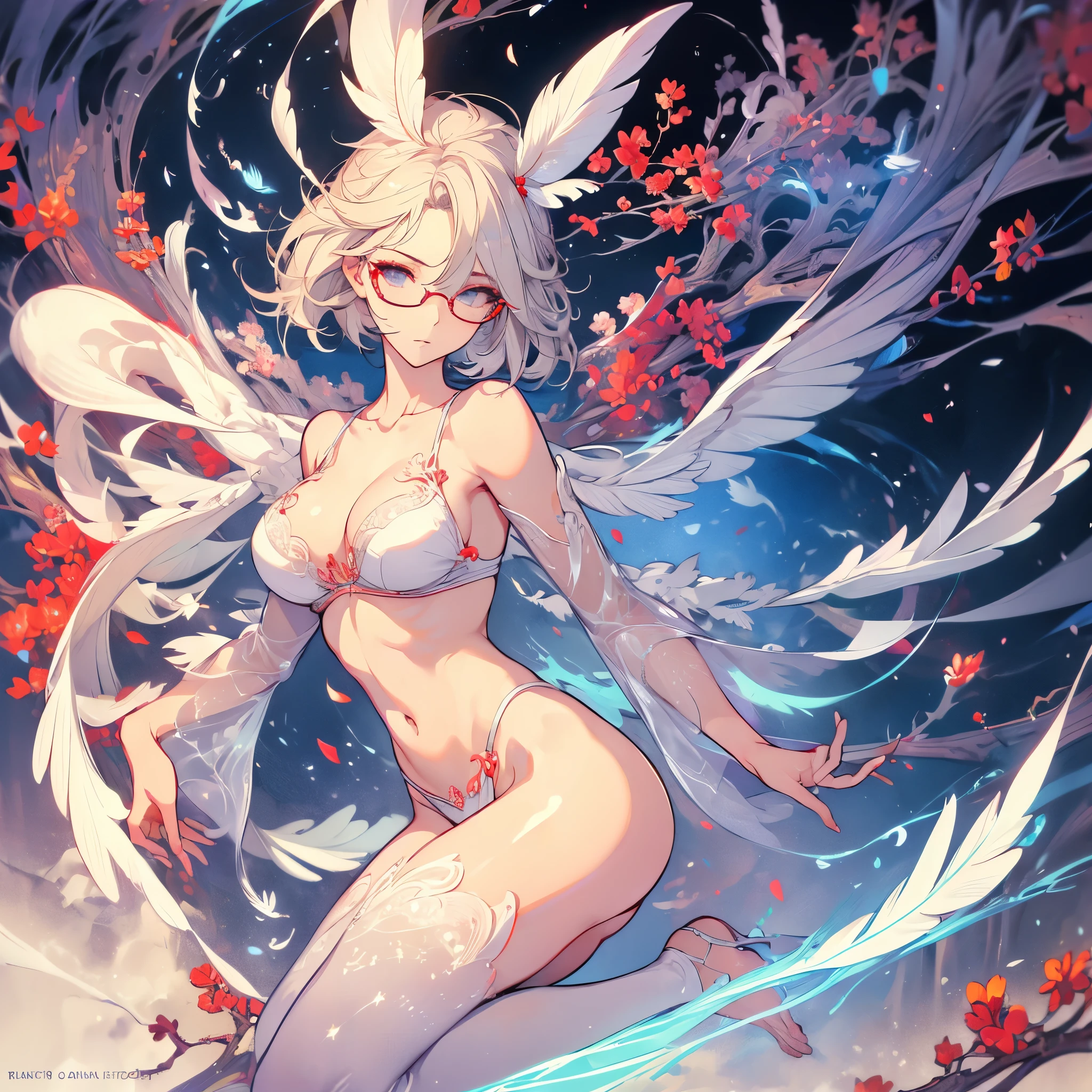 ((masterpiece, best quality)), Delicate face，Nine-tailed Fox，Full body painting，Perfect body proportions，short hair，Nice white eyes，Fantasy style，White background，transparent，Sex bikini，Lace，feather，Glasses，NUDE，Charm