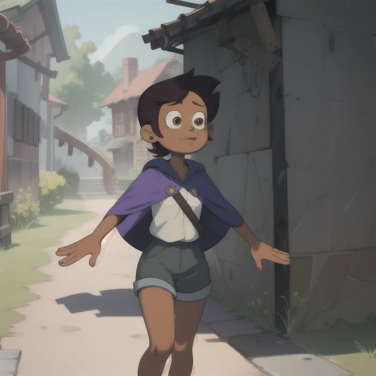 ((ultra detailed)), ((illustration,,)), beautiful, unbelievable, (((masterpiece)))), Noceda light, backgroundless, brown skin, short brown hair, purple hood, short jean shorts, brown eyes,real eyes, looking at the viewer, luminous clothing,