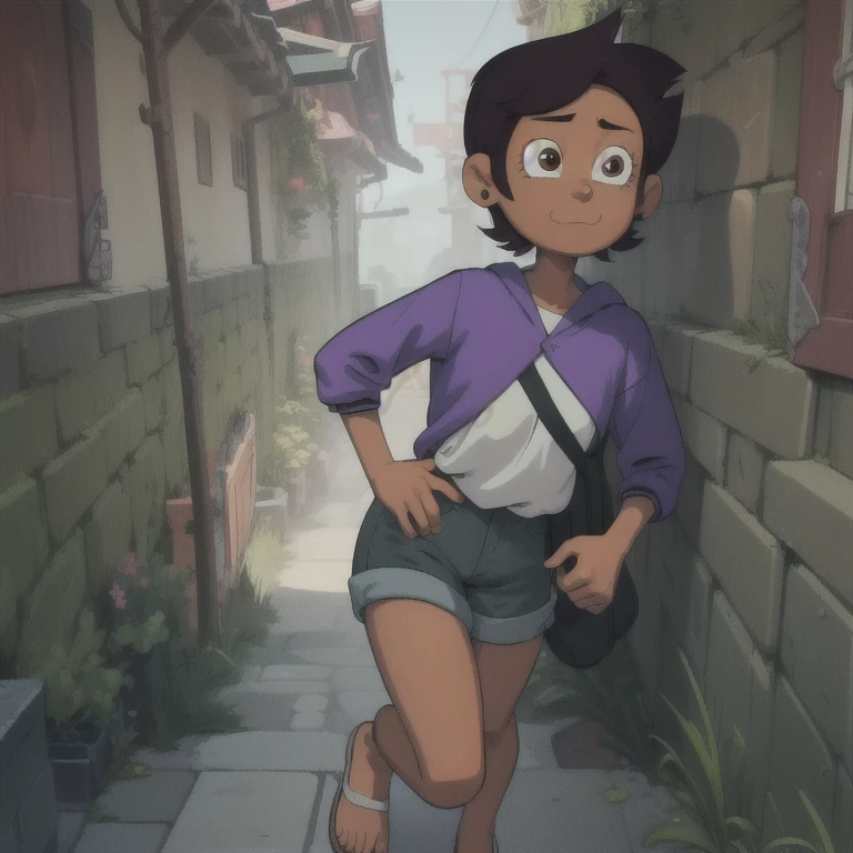 ((ultra detailed)), ((illustration,,)), beautiful, unbelievable, (((masterpiece)))), Noceda light, backgroundless, brown skin, short brown hair, purple hood, short jean shorts, brown eyes,real eyes, looking at the viewer, luminous clothing,