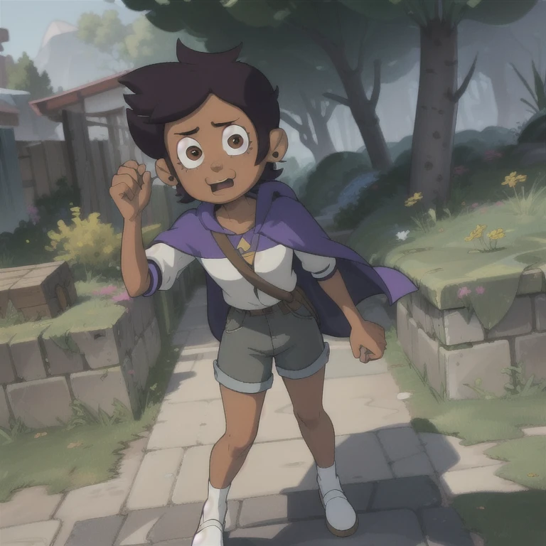 ((ultra detailed)), ((illustration,,)), beautiful, unbelievable, (((masterpiece)))), Noceda light, backgroundless, brown skin, short brown hair, purple hood, short jean shorts, brown eyes,real eyes, looking at the viewer, luminous clothing,