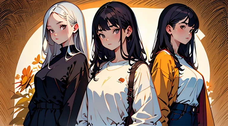 complex geometric pattern background、Dark、pretty girl、Long wavy hair flowing in different directions、Loose WhiteＴshirt、プリントshirt、Baggy clothes、Retro、premium、Ultra-detailed、High quality details