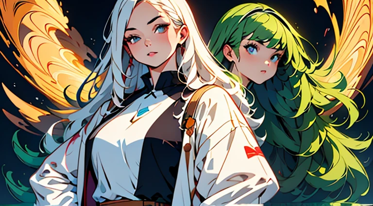 complex geometric pattern background、Dark、pretty girl、Long wavy hair flowing in different directions、Loose WhiteTshirt、プリントshirt、Baggy clothes、Retro、premium、Ultra-detailed、High quality details