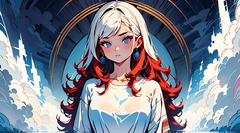 complex geometric pattern background、Dark、pretty girl、Long wavy hair flowing in different directions、Loose WhiteTshirt、プリントshirt、Baggy clothes、Retro、premium、Ultra-detailed、High quality details