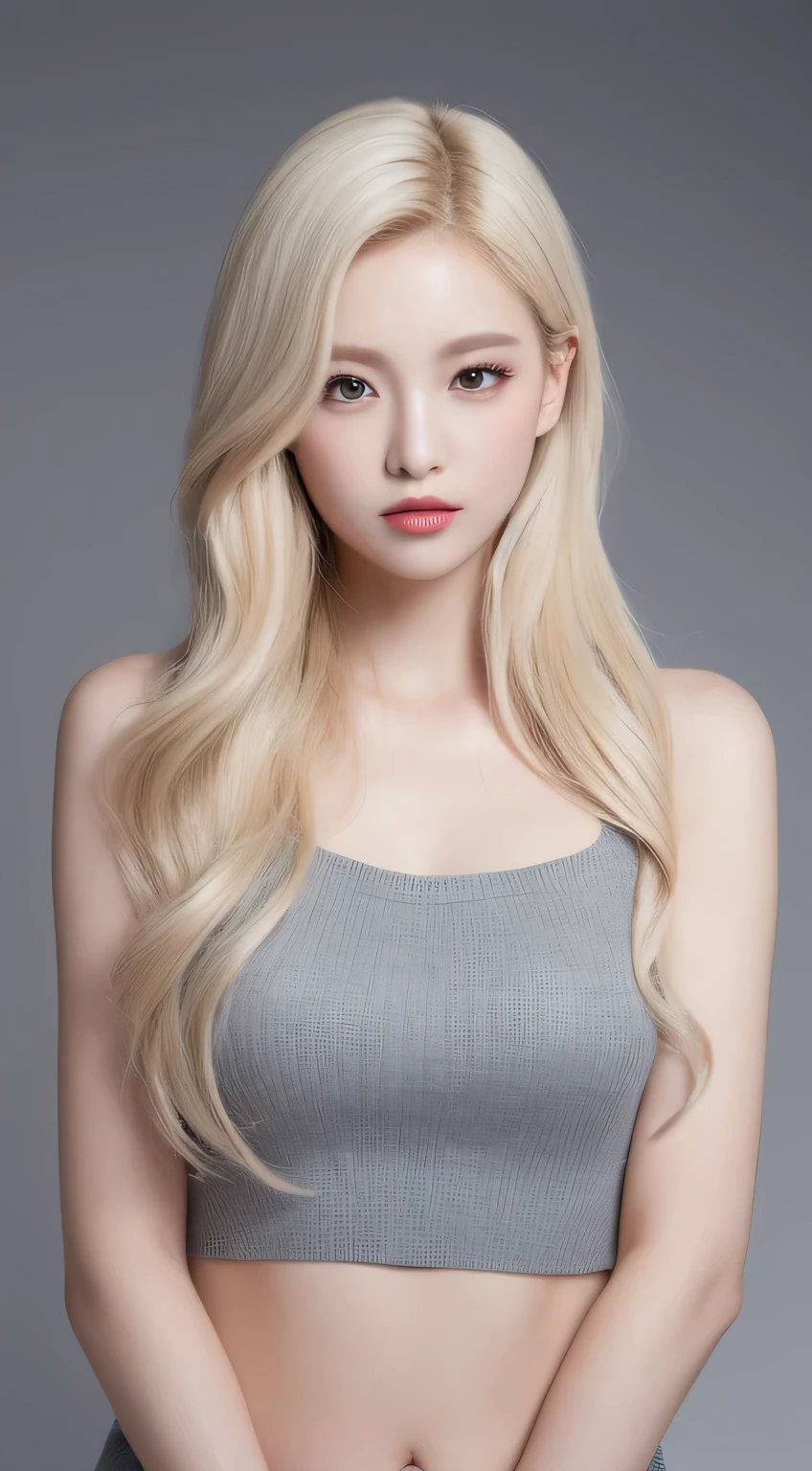 ((Realistic lighting、top-quality、8k、masterpiece:1.3))、Clear focus:1.2、1girl in、flawless beauty:1.4、slim((blonde hair))、Neat and clean clothing、One-piece clothes、Superfine Face、Narrow-eyed、double eyelid、lighting like a movie、photos realistic、28 year old、Straight hair、Face like a K-pop idol、white backgrounid、Gray background、Mature Woman、Classy makeup、Light hair color Blonde、Angle of pull、