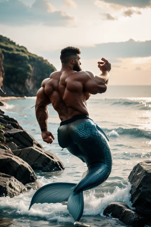 muscle male mermaid, merman, muscles, back, male bodybuilder, blue mermaid tails, short beard, black longhair, jumping from water, water wave, sea, water twister, rocks, wallpaper