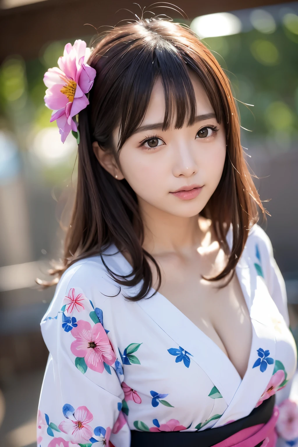 (Mastepiece、Highest quality:1.4)、The most beautiful in the world、8k、85 mm、abstract、(Floral Yukata:1.4)、Upper Body、Exposed chest、Violet、Gardenia、Delicate girl、solo、night、Beholder's Perspective、Upper Body、Film Grain、chromatic aberration、Sharp Focus、Face Light、Professional Lighting、Sophisticated、(smile:0.4)、Cleavage、(Simple Background、Background blur:1.2)、