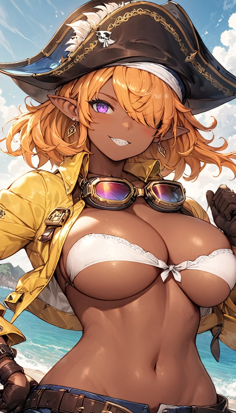 best quality,4k,8k, highres, masterpiece:1.2), ultra-detailed, extremely detailed eyes, extremely detailed body, (large masterpiece digital art), (detailed manga illustration), (detailed line art), ((perfect anatomy)), (intricate details:1.3), (ultra-detailed:1.3), (illustration:1.3), (sharp focus:1.3), (natural lighting:1.05), (vivid colors:1.3), (masterpiece), (best quality:1.4), (perfect anatomy:1.4), high quality, expressive eyes, full body, detailed face, beautiful face, perfect face, 1 girl, breast, large breast, cleavage, detailed hair, medium hair, orange hair, hair over one eye, purple eyes, goggles around neck, (whale girl), fins, pointy ears, pirate, pirate hat, tricorne, earrings, ((yellow shirt)), crop top, cross-laced clothes, belt, wide smile, (sharp teeth), ((cropped jacket)), martial artist stance, (midriff), asymmetrical clothes, (asymmetrical pants), gloves, curvy, two-tone skin, black skin, jewelry, Intricate, High Detail, Sharp focus, dramatic, cinematic lighting, dramatic atmosphere, (((coastline background))), soft bokeh of beach,
