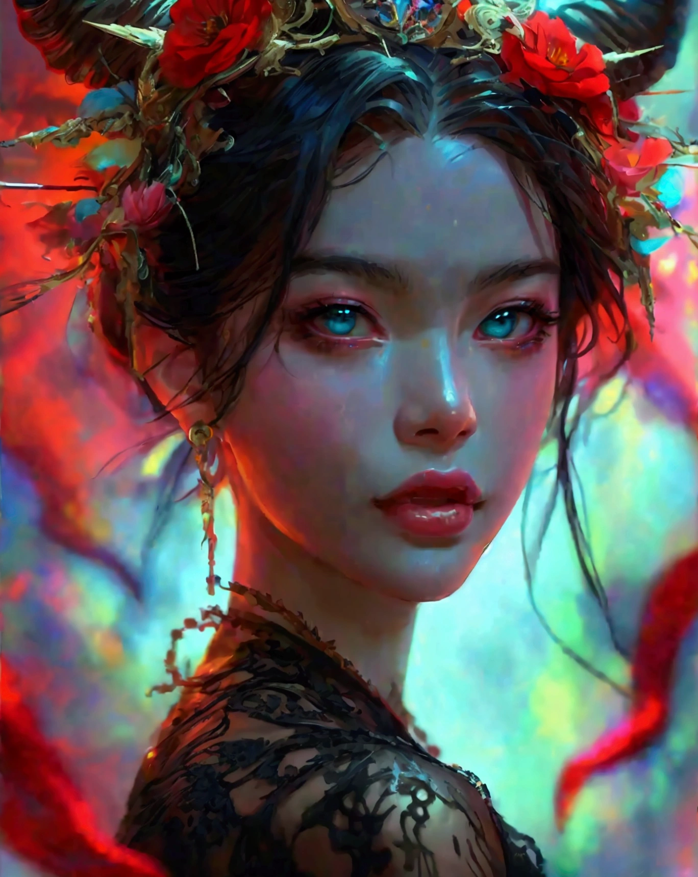 A devilishly smiling ancient Korean woman wearing a black dress, highly detailed anime art, hyper-realistic, 8k, extremely detailed face, beautiful detailed eyes, beautiful detailed lips, long eyelashes, intricate hair, dramatic lighting, cinematic composition, vibrant colors, digital painting, masterpiece