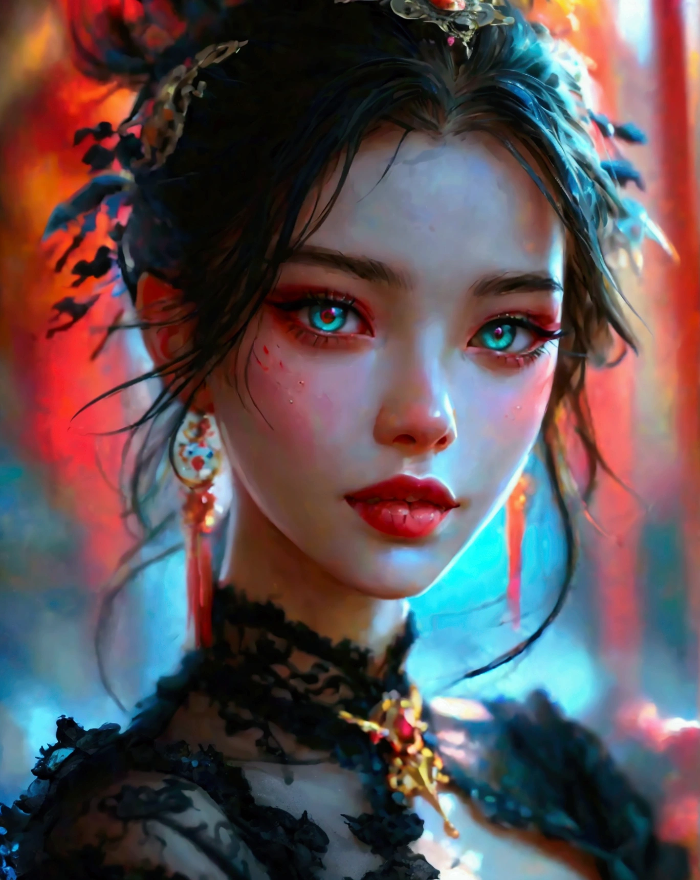 A devilishly smiling ancient Korean woman wearing a black dress, highly detailed anime art, hyper-realistic, 8k, extremely detailed face, beautiful detailed eyes, beautiful detailed lips, long eyelashes, intricate hair, dramatic lighting, cinematic composition, vibrant colors, digital painting, masterpiece