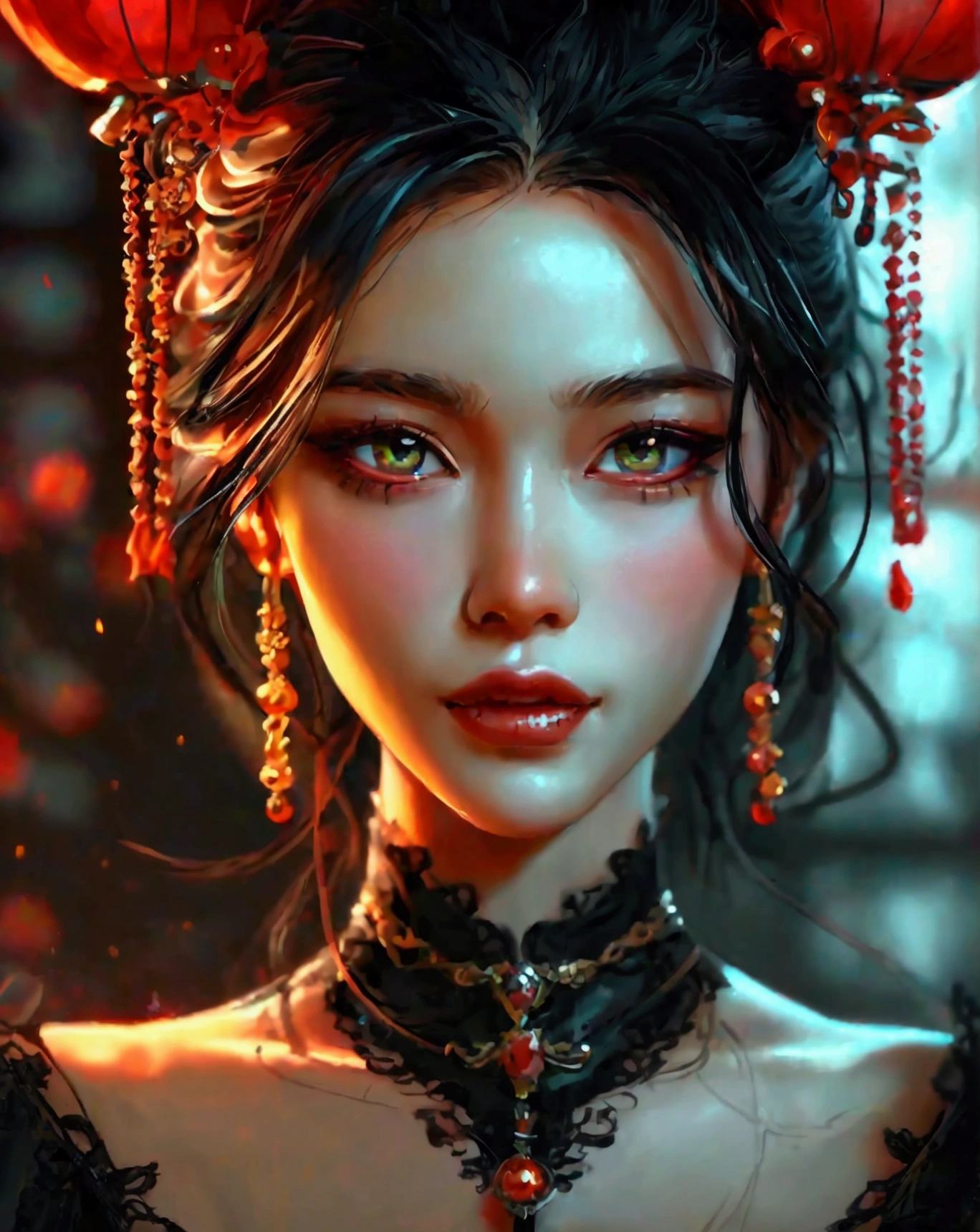A devilishly smiling ancient Korean woman wearing a black dress, highly detailed anime art, hyper-realistic, 8k, extremely detailed face, beautiful detailed eyes, beautiful detailed lips, long eyelashes, intricate hair, dramatic lighting, cinematic composition, vibrant colors, digital painting, masterpiece