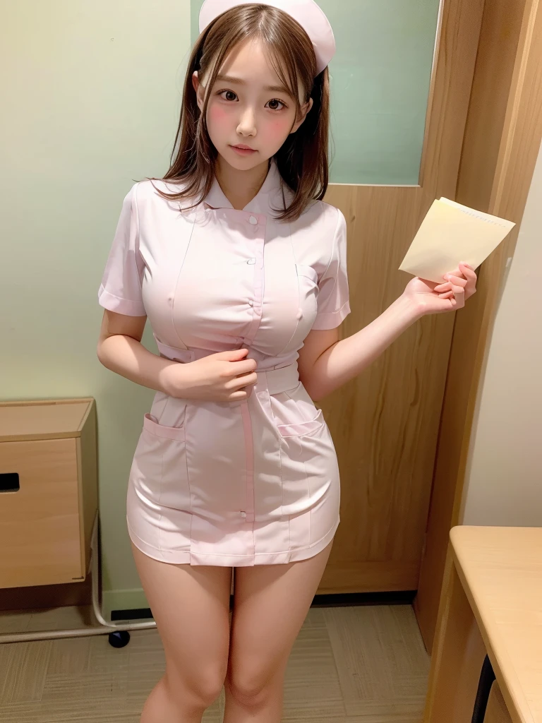 ((masterpiece))、((Highest quality))、photograph、reality、High resolution、Advanced Depth of Field、become close、Realistic lighting、Delicate facial features、Realistic Background、(The whole body is shown:1.2)、(Looking at this:1.3)、(Big Breasts:1.2)、(Erect nipples:1.2)、(Slender:1.5)、(Thin and beautiful legs:1.5)、(Narrow waist:1.5)、(Tight nurse uniform:1.5)、(The background is an empty office:1.2)、(Early s:1.5)、(face:1.5)、(Short)、(A face like an elementary school student:1.5)、(Shy and blushing:1.5)