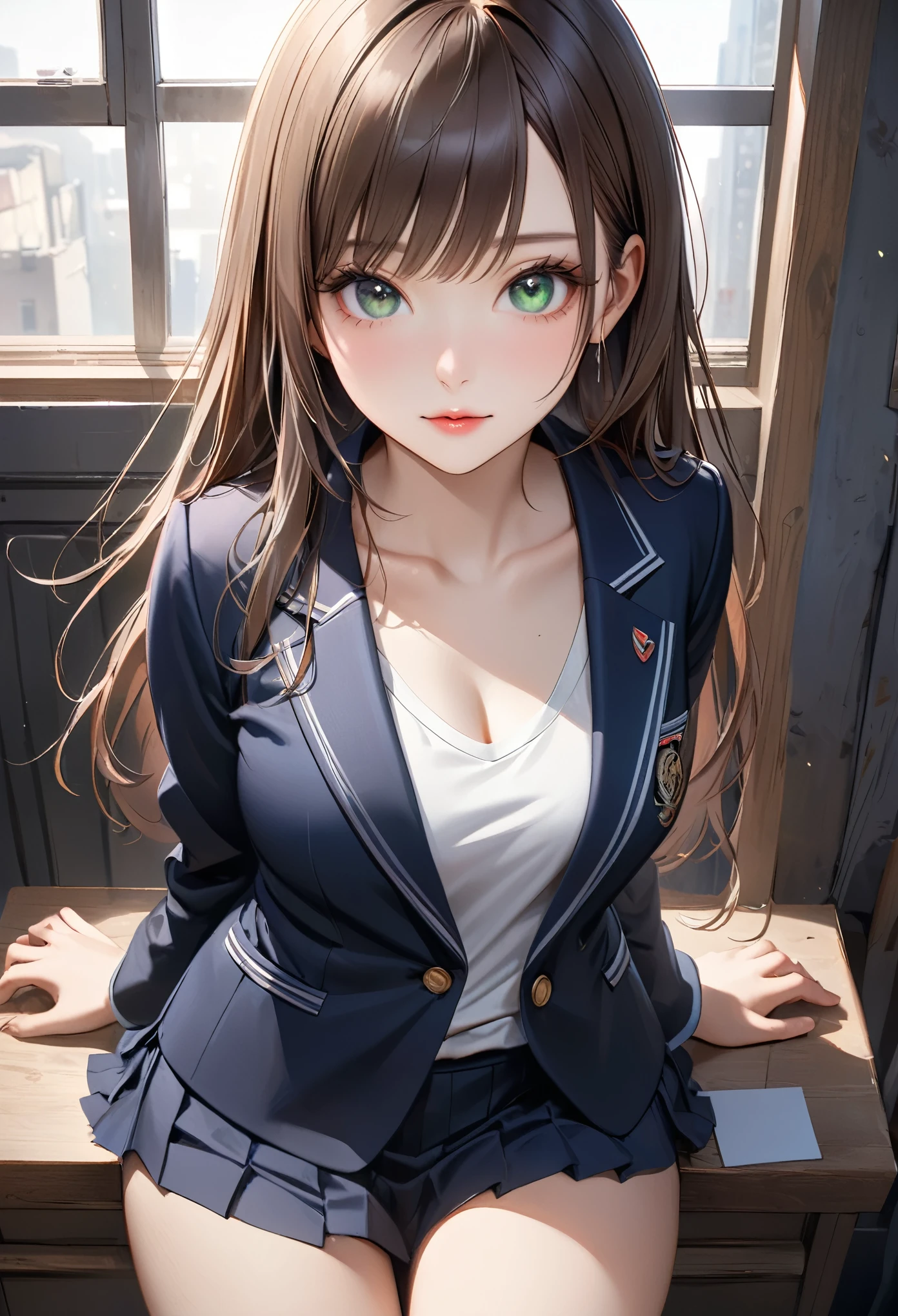 (masterpiece:1.3, Highest quality, Ultra-high resolution, Super detailed), (Realistic, photoRealistic:1.4), Beautiful illustrations, Perfect lighting, colorful, Depth of written boundary, 
Beautiful detailed hair, Beautifully detailed face, Beautiful attention to detail, Beautiful clavicle, Beautiful body, Beautiful breasts, Beautiful thighs, Beautiful feet, Beautiful fingers, 
View your viewers, Front view:0.6, 1 girl, Japanese, high school girl, Perfect Face, (Perfect Anatomy, Anatomically correct), Cute and symmetrical face, Baby Face, , Glowing Skin, 
(Long Hair:1.5, Straight hair:1.6, Rosy brown hair), Asymmetrical bangs, Emerald green eyes, Long eyelashes, (Medium chest), thin, 
((Navy Blazer, White collared shirt, nabuto pleated skirt)), Dark red bow tie, Earrings, 
(Beautiful views), evening, (garden, distant cityscape), Are standing, Raise the hand, (Smile, Lips parted), 