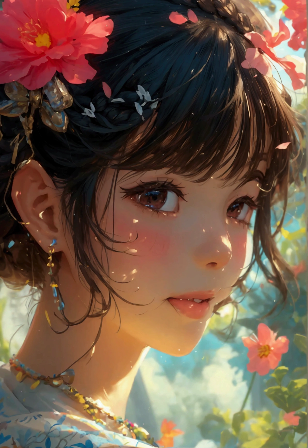masterpiece, best quality, looking at viewer,
1girl, solo, smile, sitting, hat, shoulder cutout, braid, dress, brown hair, (closed eyes:1.1), twin braids, blush, long hair, bench, grin, grass, white dress, jewelry, clothing cutout, bangs, necklace, floral print, blurry, hand between legs, blurry background, between legs, bow, facing viewer, breasts, bare shoulders, sun hat, straw hat, day, collarbone, hair bow, short sleeves, feet out of frame, ribbon, brown headwear, on bench, depth of field, park bench, ^_^, hair over shoulder,
day, sky, flower field, petals,