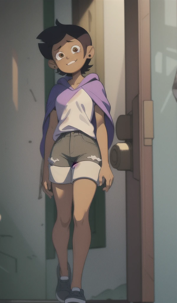 ((ultra detailed)), ((illustration,,)), beautiful, unbelievable, (((masterpiece)))), Noceda light, backgroundless, brown skin, short brown hair, purple hood, short jean shorts, brown eyes,real eyes, looking at the viewer, luminous clothing,