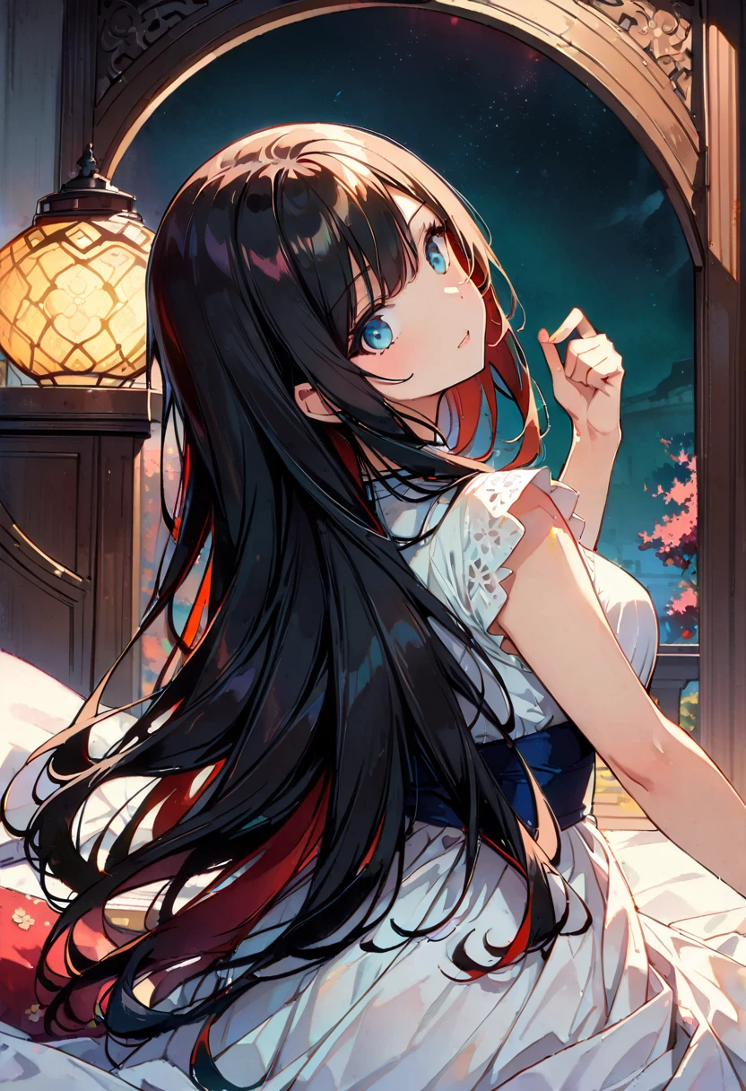(Highest quality:1.2, Very detailed, Attention to detail, digital coloring, High Contrast, masterpiece:1.2, Highest quality, Best aesthetics), Beautiful details, ((Detailed eyes)), Beautiful lip detail, Very detailed目と顔, Long eyelashes, (One Girl), Close-up shot, Portraiture, Lying in bed, Soft lighting, Calm colors, Graceful pose, Calm expression, Straight long hair.