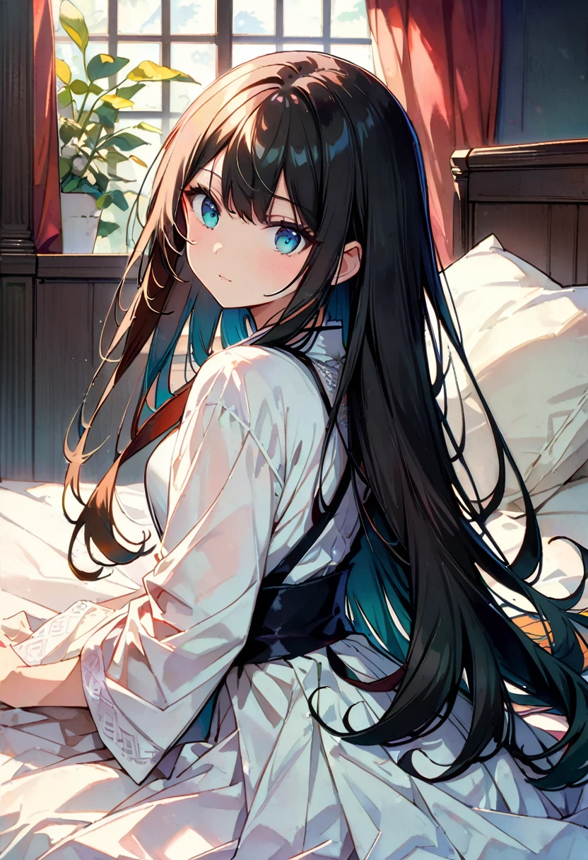(Highest quality:1.2, Very detailed, Attention to detail, digital coloring, High Contrast, masterpiece:1.2, Highest quality, Best aesthetics), Beautiful details, ((Detailed eyes)), Beautiful lip detail, Very detailed目と顔, Long eyelashes, (One Girl), Close-up shot, Portraiture, Lying in bed, Soft lighting, Calm colors, Graceful pose, Calm expression, Straight long hair.