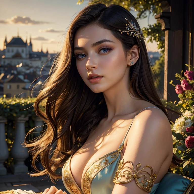 (​masterpiece, best quality:1.5), highest quality, High resolution, super detailed, realisti, Full body photo of brunette women, detailed and beautiful eyes, beautiful detailed lips, very detailed eyes and face, longeyelashes, Women in dark blue satin evening dress. Beautiful and colorful makeup, elegant and noble々Pose, jewels, Gardens as background Soft daylight, bright colors, fine brushstrokes, Portrait style, beautiful color palette, glowing skin, First-class rendering, that captures every detail, enchanting atmosphere, subtle shadows and lights, (perfect anatomy:1.2), (magnificent panorama view:1.2)