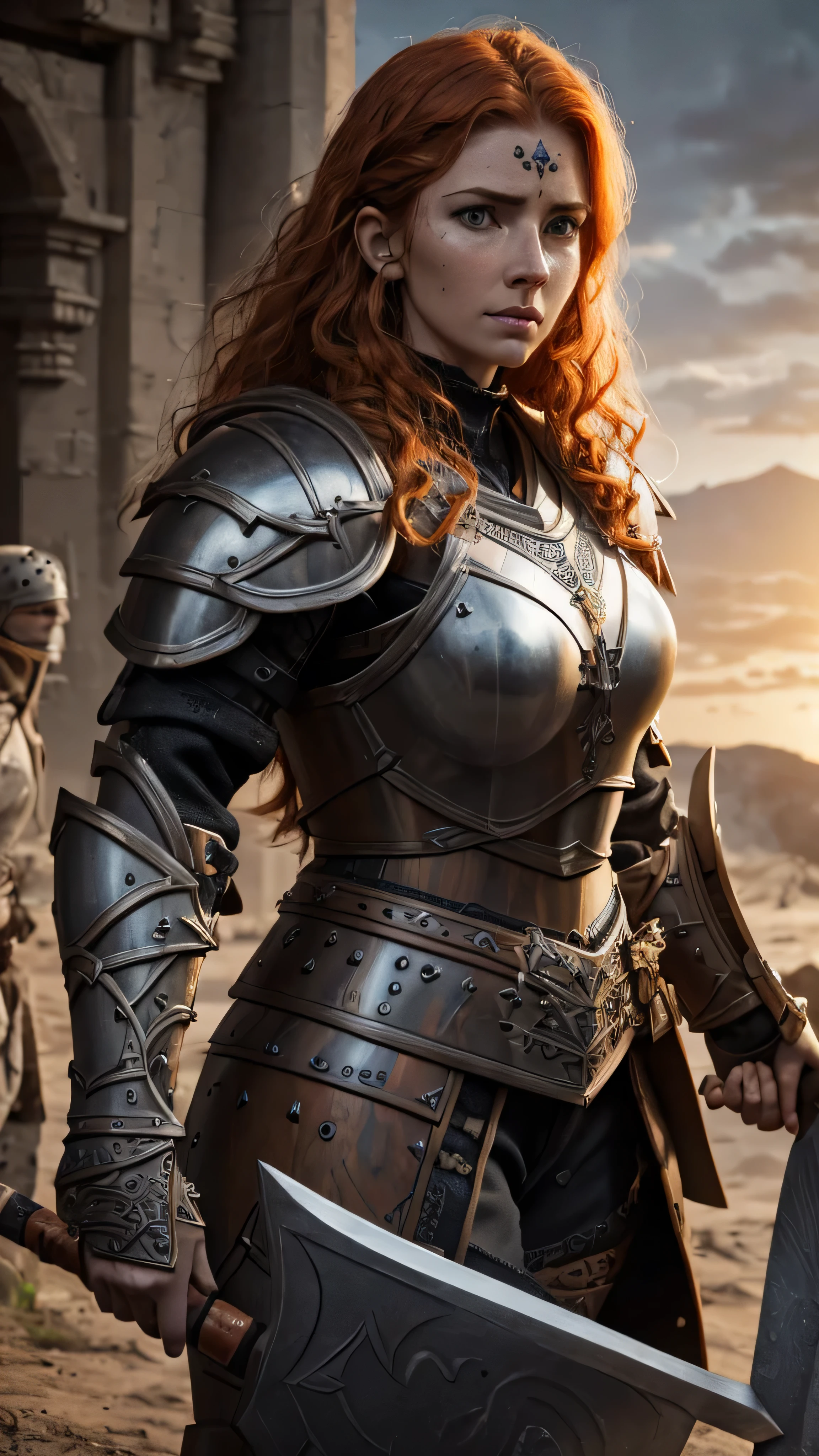 warrior, female, ginger intricate hair, dark gray (armor), plates, orange patterns, (big ax), (big shield), (masterpiece, best quality), (hyper realistic:1.6), ((detailed face)), ((award-winning)), (sharp), (8k resolution), (cinematic lighting)