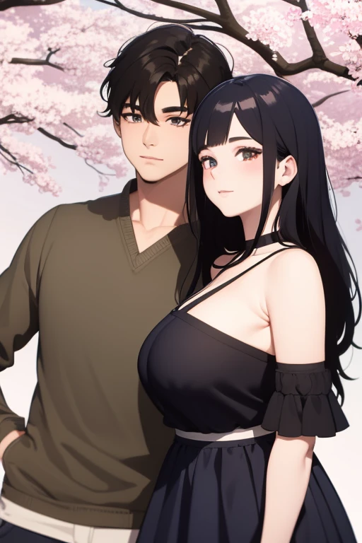 A couple under cherry trees, the girl with black hair with electric blue locks in front of her face, shoulder-length, white complexion and fat build, the boy with dark brown messy hair of a slightly tan tone and thin
