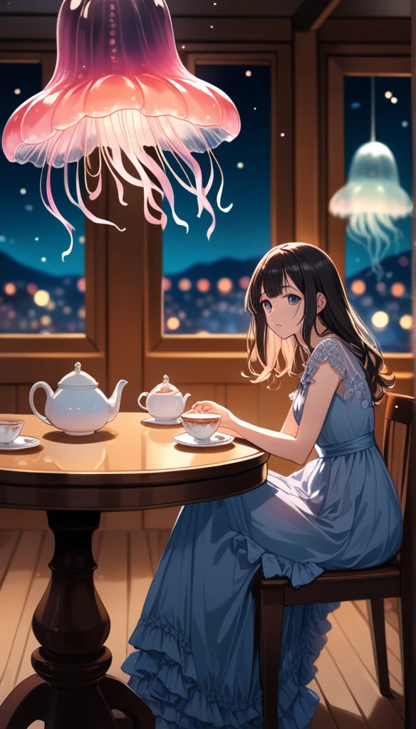8K, RAW, best quality, masterpiece, ultra high res, colorful, (medium wide shot), (dynamic perspective), sharp focus , (depth of field, bokeh:1.3), extremely detailed eyes and face, beautiful detailed eyes, 
A girl having a tea  in a dress fused with a jellyfish. the other side of the table. A dark room.