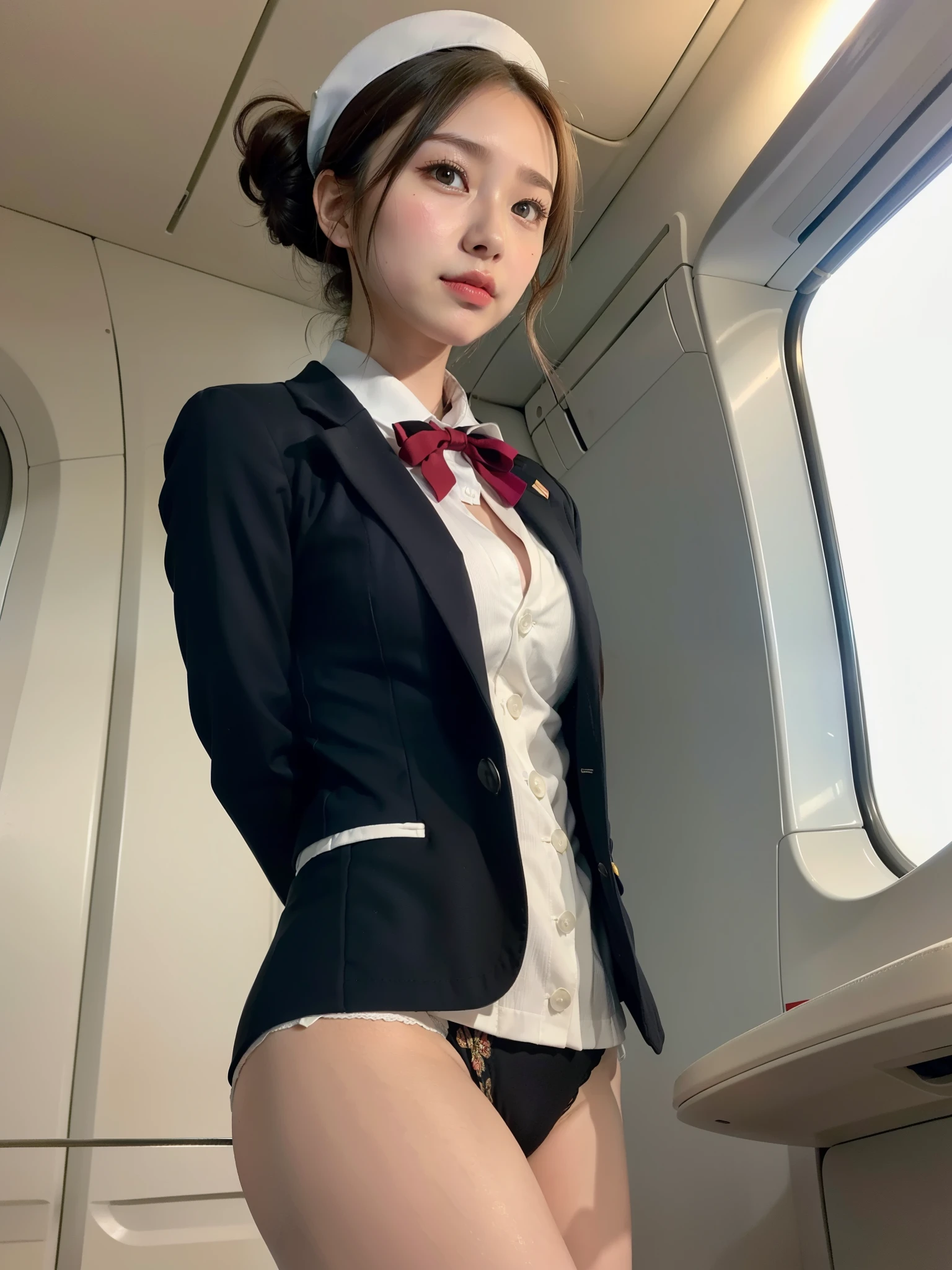 ((Best of the highest quality, 8k, Masterpiece, raw photo: 1.2)), (Sharp focus: 1.2), (1 AESPA, slim body type female, 21 y/o: 1.1), (solo: 1.28), (realistic, photo-realistic:1.37), cute face, finely eyes, (droopy eyes: 1.32), (Emphasize prominent aegyo-sal with bright: 1.2), shimmering eyeshadow applied under the lower lash line, paired with thick, (small breasts, flat chest, Thigh: 1.3), (updo hair: 1.28), (flight attendant uniform blazer, panties: 1.32), walking, (pool: 1.1), flower, (from below, arms behind back: 1.12)