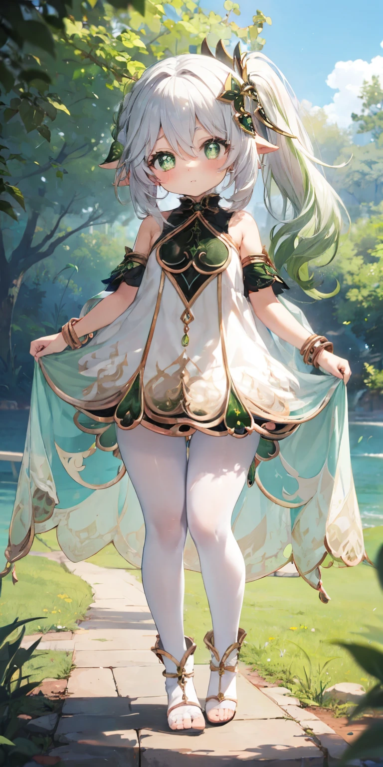 Thick thighs,Nahida,cute face,balanced body to face ratio,, , ,, flat chest, fullbody, head to toe capture on the frame,pantyhose, lolitoes, thick thighs, bend over,standing, outdoor, cute girl, cute