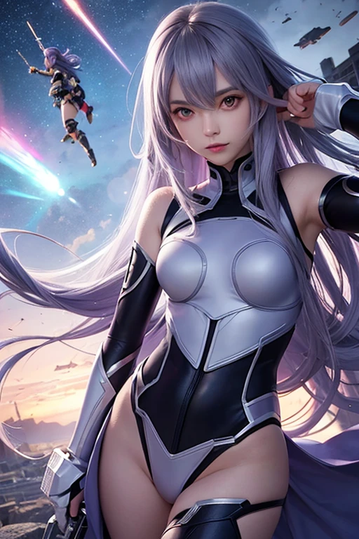 Adult Anime Girl 2d Long Hair Loose light Purple-Grayish, Age Adulthood adult, super hero suit falling from the sky with evil face and big weapon