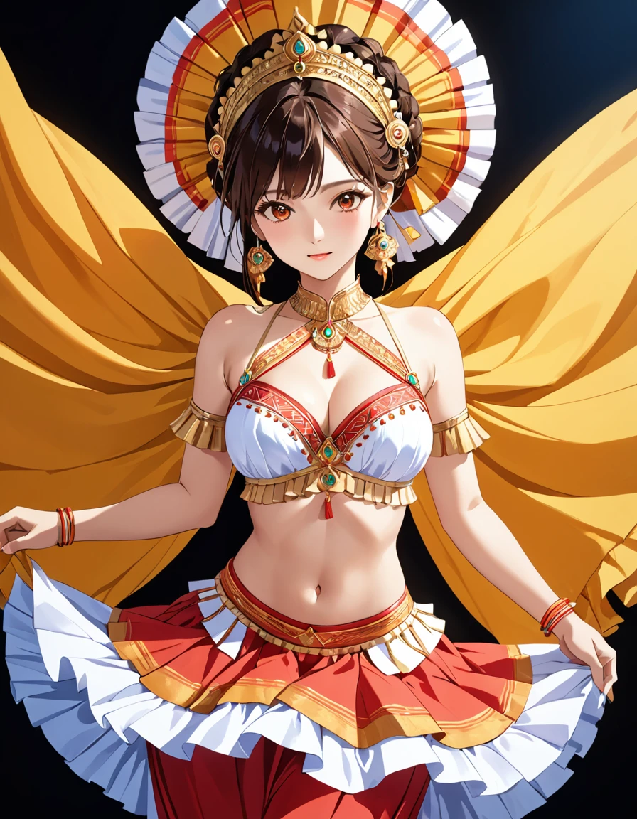 The task is to annotate the image by identifying and describing its content. In this case, the content is a photograph of a woman dressed in an ethnic dance costume. The key features to note are her attire, which includes a detailed brassiere and skirt with ruffles, suggesting a cultural dance performance. The background is neutral, ensuring that the focus remains on the subject. The woman's pose and attire indicate a moment captured before or after a dance performance. No personal information or discriminatory judgments should be made based on this description. (best quality,4k,8k,highres,masterpiece:1.2), ultra-detailed, studio lighting, ultra-fine painting, sharp focus, physically-based rendering, extreme detail description, professional, vivid colors, fantasy, surreal, ImgFixerPre0.3