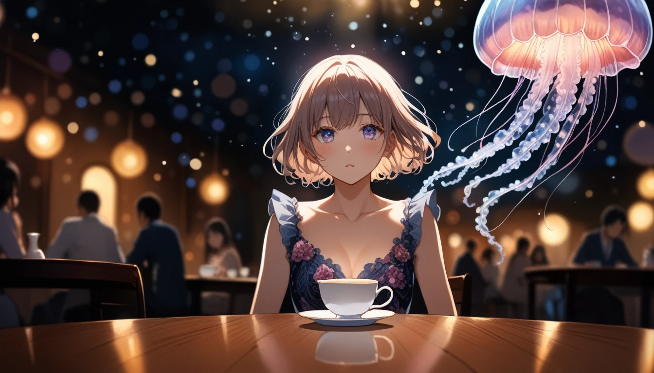 8K, RAW, best quality, masterpiece, ultra high res, colorful, (medium wide shot), (dynamic perspective), sharp focus , (depth of field, bokeh:1.3), extremely detailed eyes and face, beautiful detailed eyes,
A girl having a tea in a dress fused with a jellyfish. the other side of the table. A dark room.