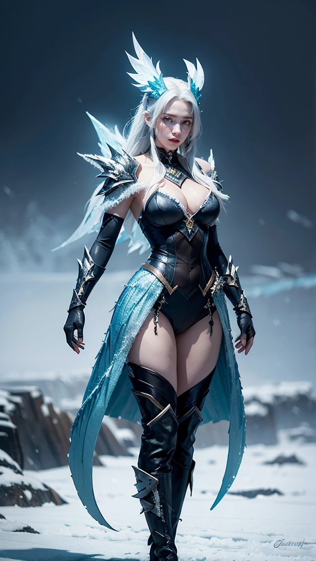 Illustrate Anivia in her Blackfrost skin. She has dark, massive k-cups,frost-covered feathers and a menacing, icy aura. The background is a dark, frozen tundra with jagged ice spikes and an ominous, cloudy sky.