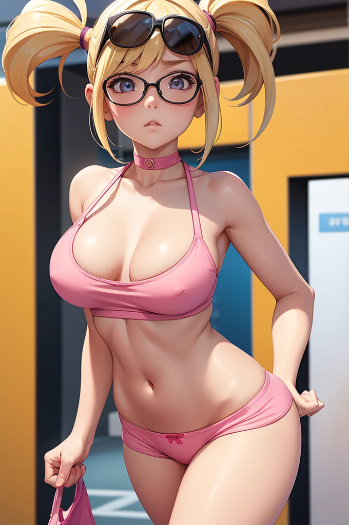 1 girl in public, ashamed, hits,  body, perfect slender body,  girl, blonde hair in a side ponytail, sensual neckline, round breasts, micro shorts 1.4, ultra high definition, 4k image, Glasses, character close up camera, tight shorts, v panties, pink panties, low waist panties, mini skirt