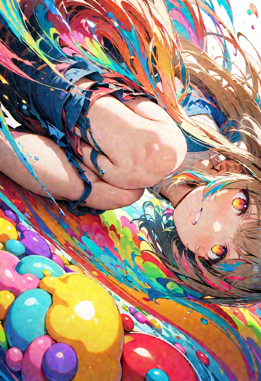 (masterpiece, Highest quality, Official Art:1.2), (colorful), Looking at the audience, One Girl, alone, White Background, floating colorful water, Ultra-fine illustrations, highly detailed, Dynamic Angle, beautiful detailed, 8k, break smiling amidst the colorful scenes, (Highest quality, masterpiece, High resolution, detailed), Anime Style, (Shining Eyes, detailed美しい顔), break,Dynamic Angle