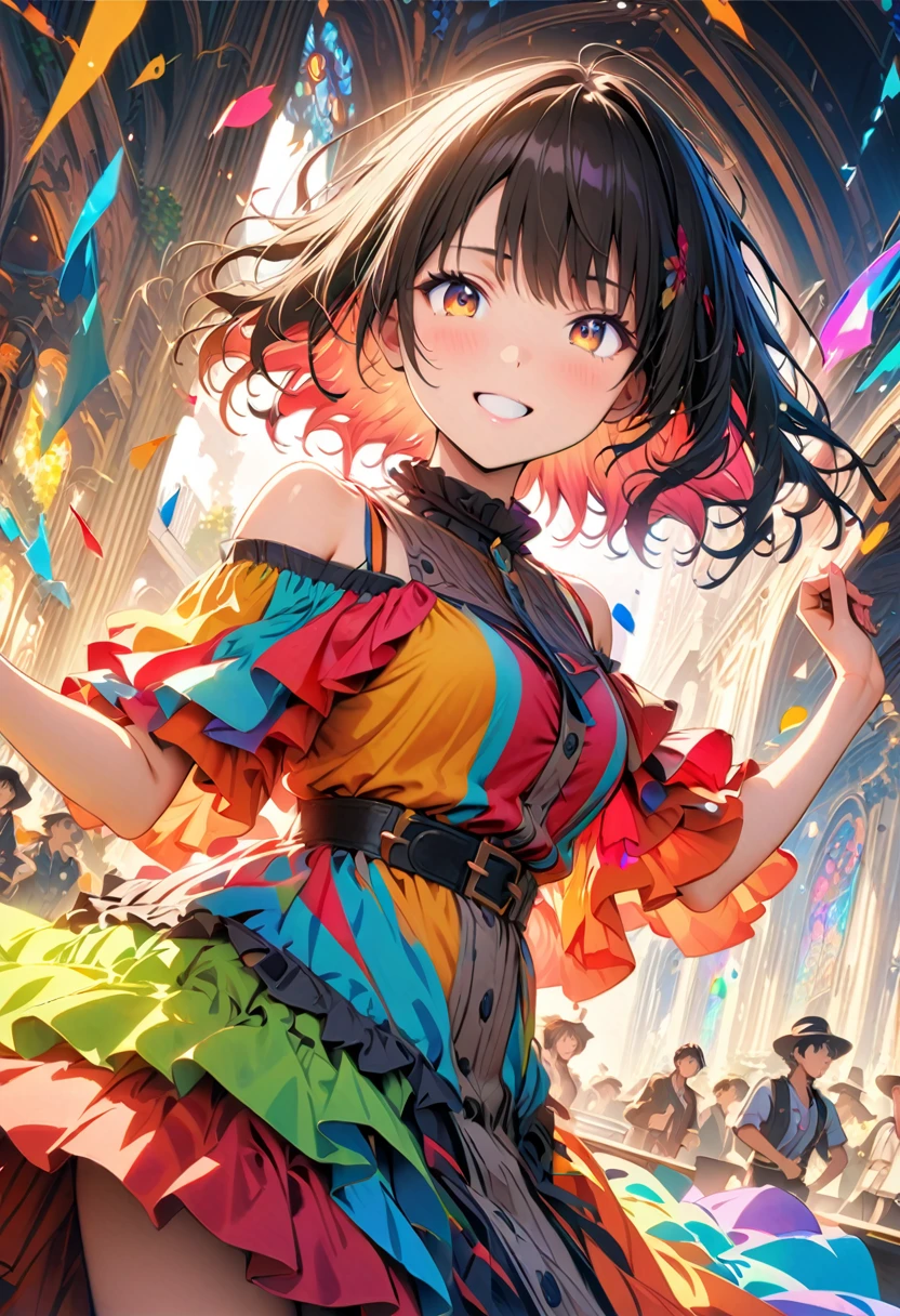 (masterpiece, Highest quality, Official Art:1.2), (colorful), Looking at the audience, One Girl, alone, White Background, floating colorful water, Ultra-fine illustrations, highly detailed, Dynamic Angle, beautiful detailed, 8k, break smiling amidst the colorful scenes, (Highest quality, masterpiece, High resolution, detailed), Anime Style, (Shining Eyes, detailed美しい顔), break,Dynamic Angle