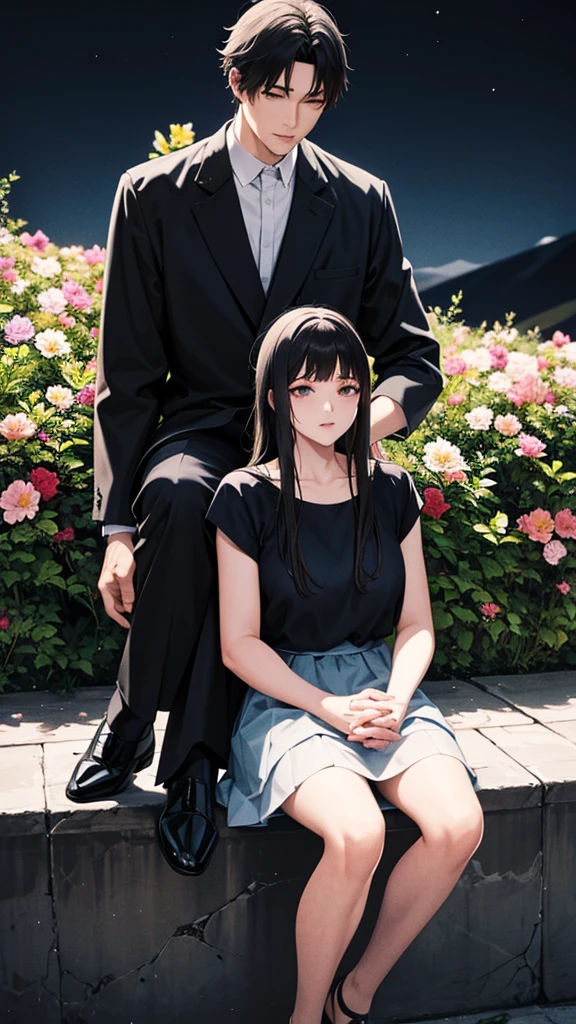 A mountain of flowers, it is a night sky, a beautiful couple is sitting, a couple is wearing short clothes, moody color contrast, Anime look