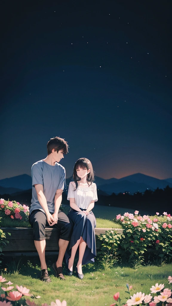 A mountain of flowers, it is a night sky, a beautiful couple is sitting, a couple is wearing short clothes, moody color contrast, Anime look 