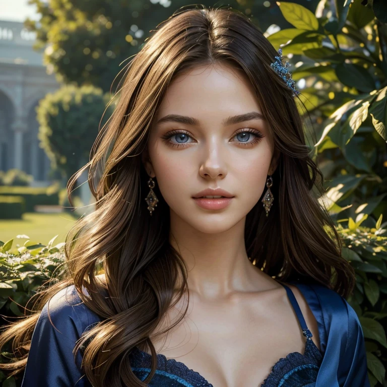 (​masterpiece, best quality:1.5), highest quality, High resolution, super detailed, realisti, Full body photo of brunette women, detailed and beautiful eyes, beautiful detailed lips, very detailed eyes and face, longeyelashes, Women in blue long satin dress. Beautiful and colorful makeup, elegant and noble々Pose, jewels, Gardens as background Soft daylight, bright colors, fine brushstrokes, Portrait style, beautiful color palette, glowing skin, First-class rendering, that captures every detail, enchanting atmosphere, subtle shadows and lights, (perfect anatomy:1.2), (magnificent panorama view:1.2)