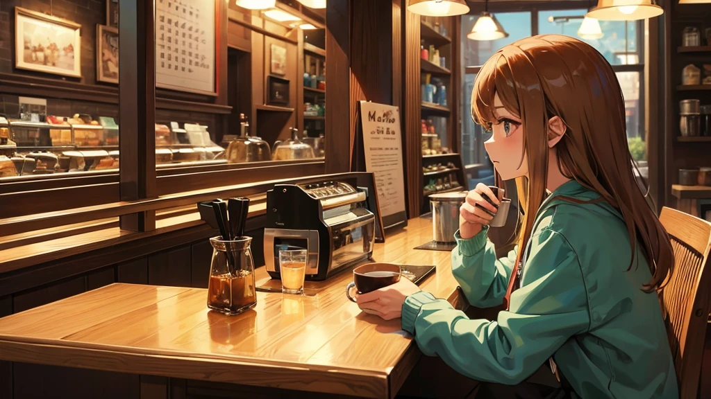 Girl listens to making coffee in a coffee shop,2D anime style, The morning air was clear. ,Warm atmosphere,