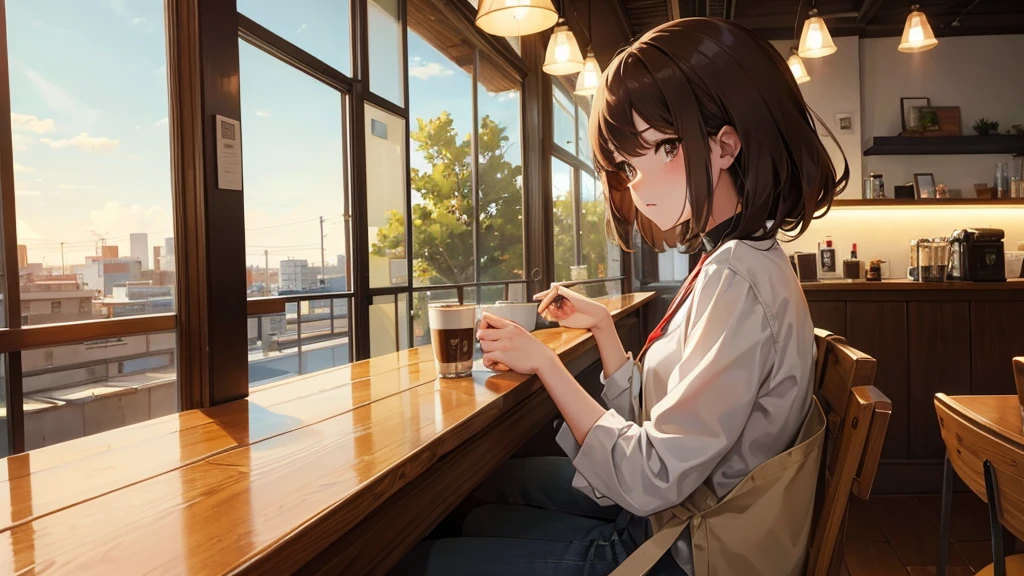 Girl listens to making coffee in a coffee shop,2D anime style, The morning air was clear. ,Warm atmosphere,