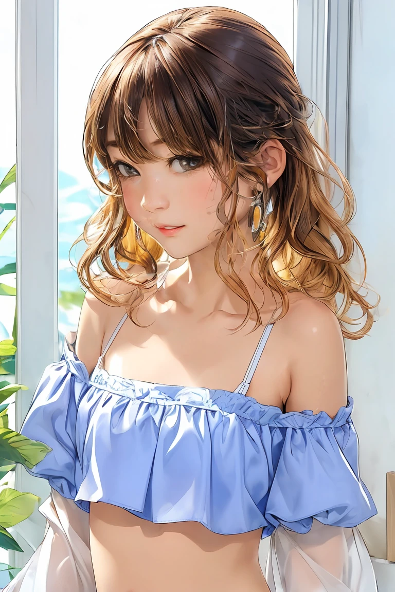  (8K high resolution)，(最high quality)，(RAW quality)，(Cowboy Shot:1.5)，(Realistic, Realistic:1.37)，Very detailed，One Girl，(Very detailedな)，(Big eyes)，(最high quality)，(Very detailed )，(masterpiece)，(Detailed face)，13 years old，1 girl，(Center of chest:1.5)，(Skinny girl:1.6)，(Baby Face:1.5)，(Young Body:1.5)，(Oily and shiny skin:1.5)，(13 years old中学生:1.5)，(Short Woman:1.3)，(Tanned Gal:1.5)，(Healthy tanned skin:1.5)，Center of chest，Perfect lighting，break，(Cute micro swimsuit:1.5)，(pastel colour:1.3)，(pink, Baby Blue, lavender:1.2)，(Small Flower:1.2)，(Given by the regiment:1.2)，(Soft fabric:1.3)，(silk, satin, cotton:1.3)，(Ribbon trim:1.3)，(Triangle bikini top:1.4)，(Micro Bikini:1.4)，(Off-the-shoulder blouse:1.4)，(Crop top:1.4)，(Puff sleeves:1.3)，(Frills:1.3)，brake，(high quality:1.5)，(The upper body and knees are within the frame:1.3)，(Wavy Hair:1.3)，(A kind smile:1.3)，(I tilted my head a little.....:1.2)，(please lift your chin:1.2)，(Lift one arm and show your armpit:1.4)，(Hands on hips:1.2)，(Tropical Beach:1.5)，(blue sea:1.4)，(White Sand:1.4)，(Backlight:1.4)，brake，