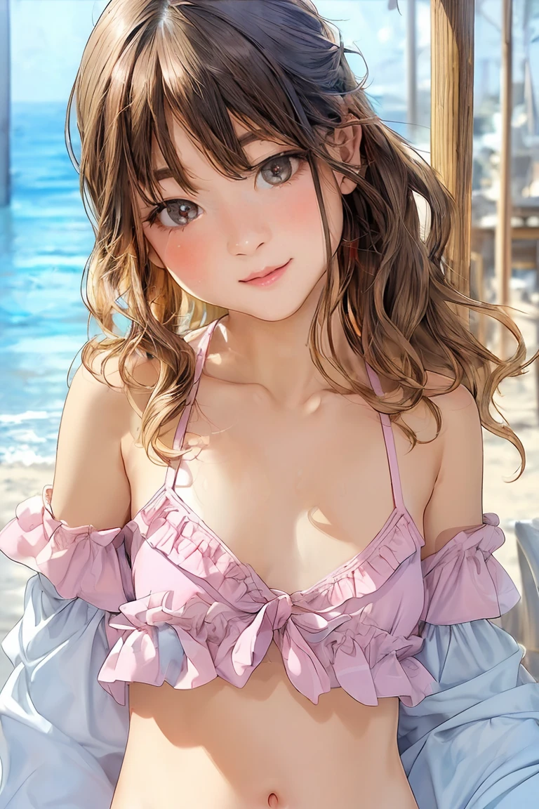  (8K high resolution)，(最high quality)，(RAW quality)，(Cowboy Shot:1.5)，(Realistic, Realistic:1.37)，Very detailed，One Girl，(Very detailedな)，(Big eyes)，(最high quality)，(Very detailed )，(masterpiece)，(Detailed face)，13 years old，1 girl，(Center of chest:1.5)，(Skinny girl:1.6)，(Baby Face:1.5)，(Young Body:1.5)，(Oily and shiny skin:1.5)，(13 years old中学生:1.5)，(Short Woman:1.3)，(Tanned Gal:1.5)，(Healthy tanned skin:1.5)，Center of chest，Perfect lighting，break，(Cute micro swimsuit:1.5)，(pastel colour:1.3)，(pink, Baby Blue, lavender:1.2)，(Small Flower:1.2)，(Given by the regiment:1.2)，(Soft fabric:1.3)，(silk, satin, cotton:1.3)，(Ribbon trim:1.3)，(Triangle bikini top:1.4)，(Micro Bikini:1.4)，(Off-the-shoulder blouse:1.4)，(Crop top:1.4)，(Puff sleeves:1.3)，(Frills:1.3)，brake，(high quality:1.5)，(The upper body and knees are within the frame:1.3)，(Wavy Hair:1.3)，(A kind smile:1.3)，(I tilted my head a little.....:1.2)，(please lift your chin:1.2)，(Lift one arm and show your armpit:1.4)，(Hands on hips:1.2)，(Tropical Beach:1.5)，(blue sea:1.4)，(White Sand:1.4)，(Backlight:1.4)，brake，