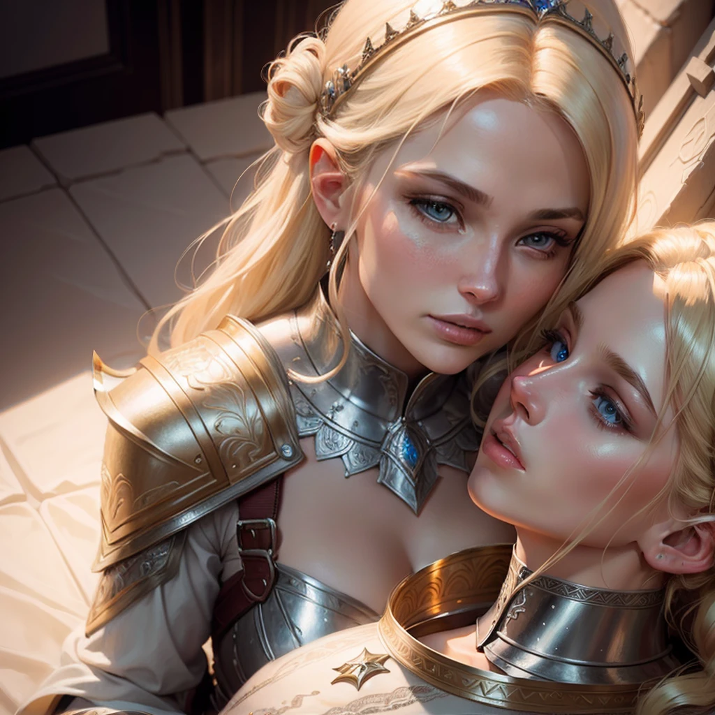 A blonde woman in white armor, kissing another woman seated on a throne, intricate details, cinematic lighting, fantasy artwork, ethereal, magical, dramatic atmosphere, digital painting, highly detailed, cel shaded, vibrant colors, dramatic lighting, epic scale, 8K resolution, masterpiece, ultra-detailed, photo-realistic, professional digital art, dynamic composition