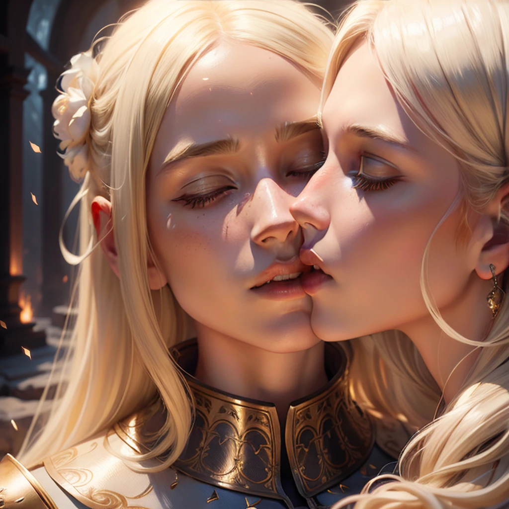 A blonde woman in white armor, kissing another woman seated on a throne, intricate details, cinematic lighting, fantasy artwork, ethereal, magical, dramatic atmosphere, digital painting, highly detailed, cel shaded, vibrant colors, dramatic lighting, epic scale, 8K resolution, masterpiece, ultra-detailed, photo-realistic, professional digital art, dynamic composition