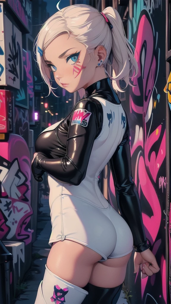 (rear view, backside view),((Gwendolyn_Tennyson, groomed side hair, (BodySuit white:1.4) , medium breasts, Wide hips, malicious)), ((pink lipstick, extremely detailed, soft ambient lighting, 4k, Perfect eyes, a perfect face, perfect lighting, a 1 girl)) Austere, ((malicious, (sports well), Cowboys, (Shorts cortos white :1.4) , unbuttoned shorts)), evening sky, clouds, erotica, Lots of erotica, (graffiti alley, (graffiti walls:1.4) , in an alleyway, evening, Moonlight, starry evening), More detailed 8K.unreal engine:1.4,UHD,La Best Quality:1.4, photorealistic:1.4, skin texture:1.4, masterpiece:1.8,first work, Best Quality,object object], (detailed face features:1.3),(The correct proportions),(Beautiful blue eyes:1.4 ), (cowboy pose), (fingers detailed :1.4),( kawaii style costumes :1.4), ,( cyberpunk 2.1), (big butt), (detailed face:1.4), (kawaii style thigh high boots:1.4)