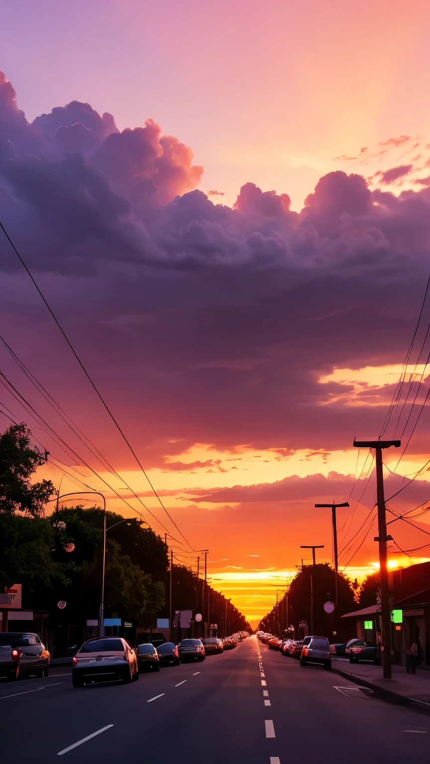 purple sky with clouds and traffic lights at dusk, taraffic lights, sunset ligthing, gloomy lights in the sky, during dawn, sky setting, ((sunset)), with orange street lights, early morning, streetlights, purple sky, sunset mood, red lights, orange / pink sky, warm glow from the lights, evening lights, wires and lights, soft lilac skies