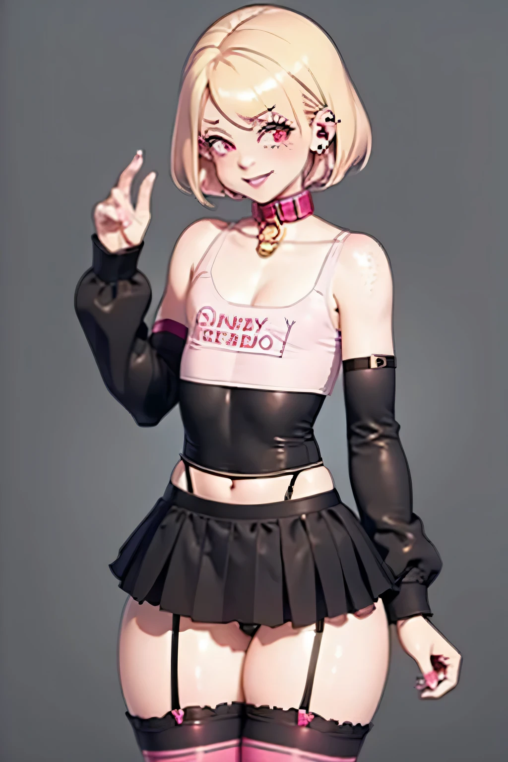 1boy, solo, femboy, twink, crossdresser, cute, pretty, smiling, golden blonde hair, ruby red eyes, short fluffy hair, freckles, pastel pink goth aesthetic, pink clothes, frilly clothing, dark makeup, spiked collar, piercings, flat chest, slim, slender, nice hips, thick thighs, crop top hoodie, long sleeves, thigh highs, panties under skirt, High Resolution, Best Quality, HD